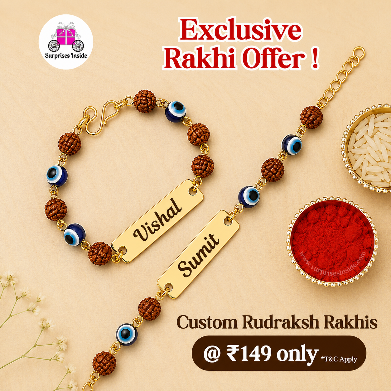 Evil Eye Rudraksh Rakhi with Your Bhai’s Naam – Sacred & Special (Pack of 2)