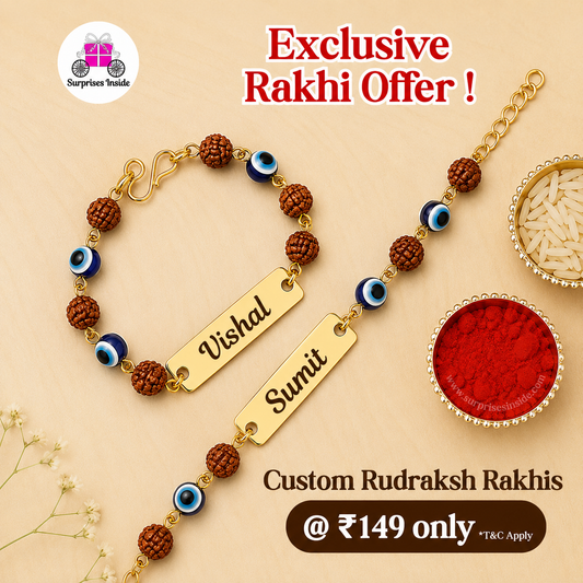 Evil Eye Rudraksh Rakhi with Your Bhai’s Naam – Sacred & Special (Pack of 2)